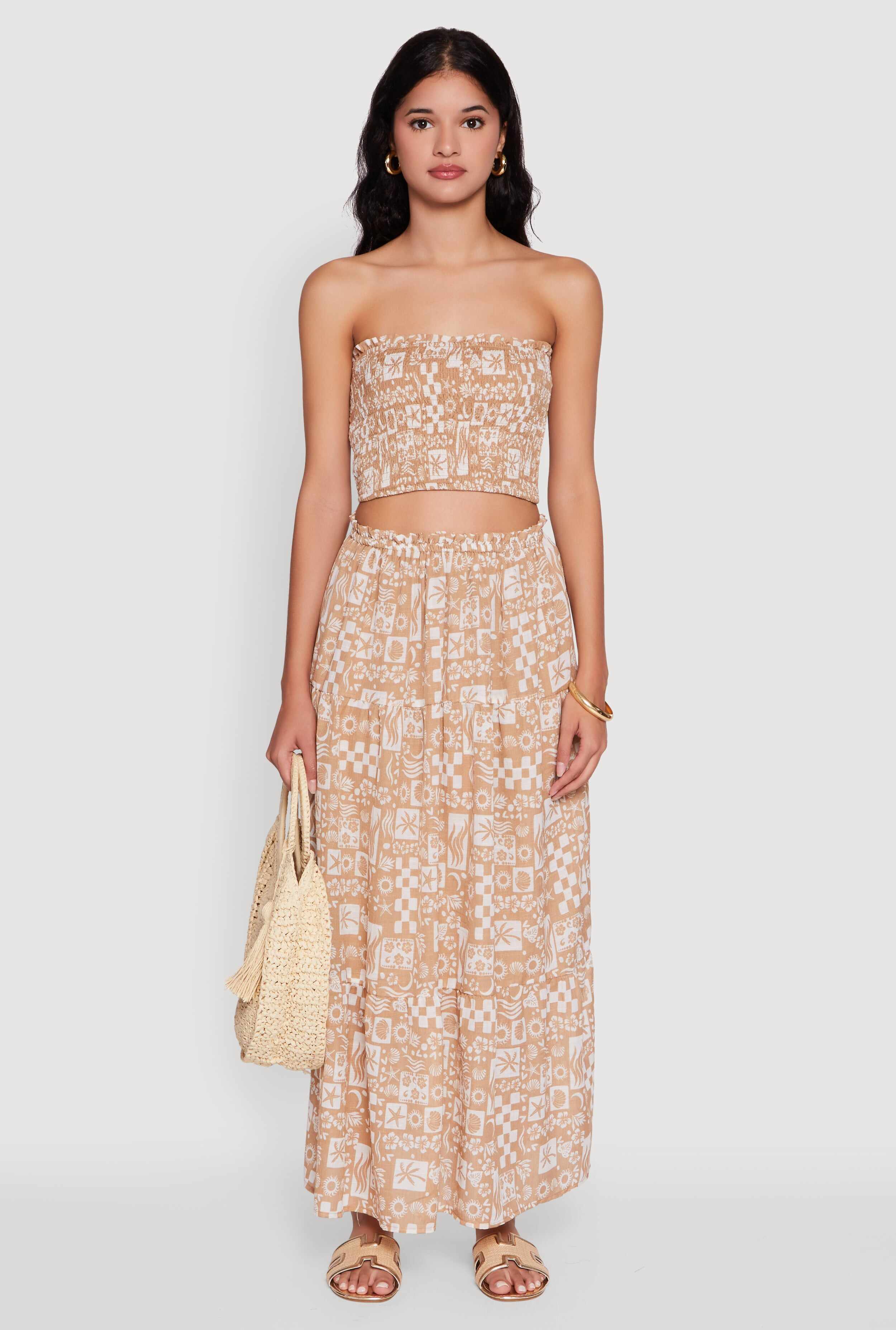 Tropical Print Paper Bag Waist Tiered Maxi Skirt