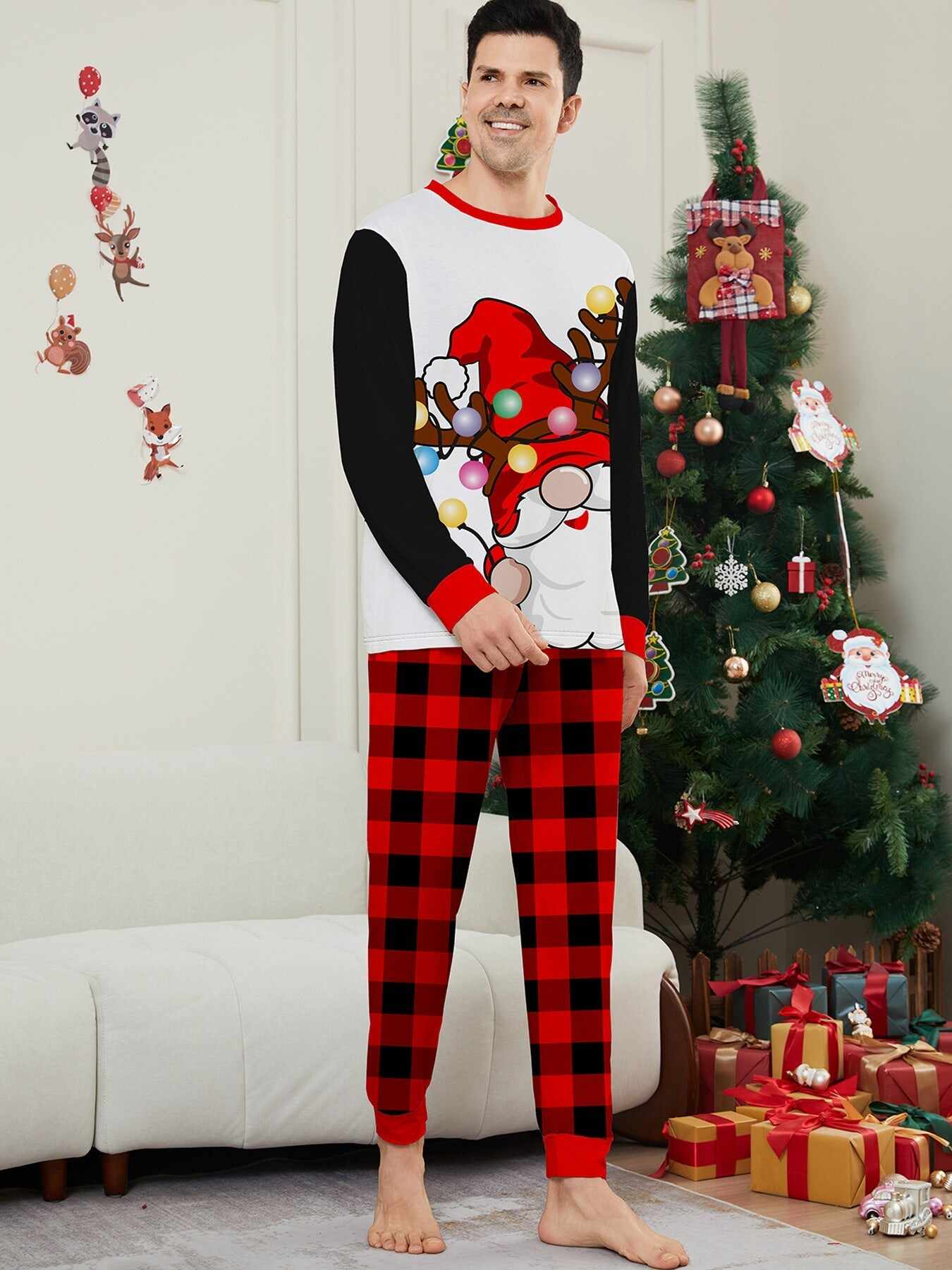 Colorful Lights White Bearded Santa Family Pajama Set
