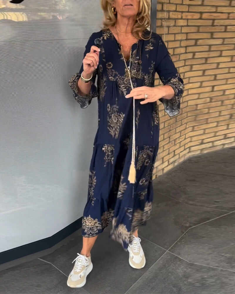 🔥Summer Arrivals🌟💃Hot sale new product 50% off👗 - Navy blue print loose retro V-neck dress