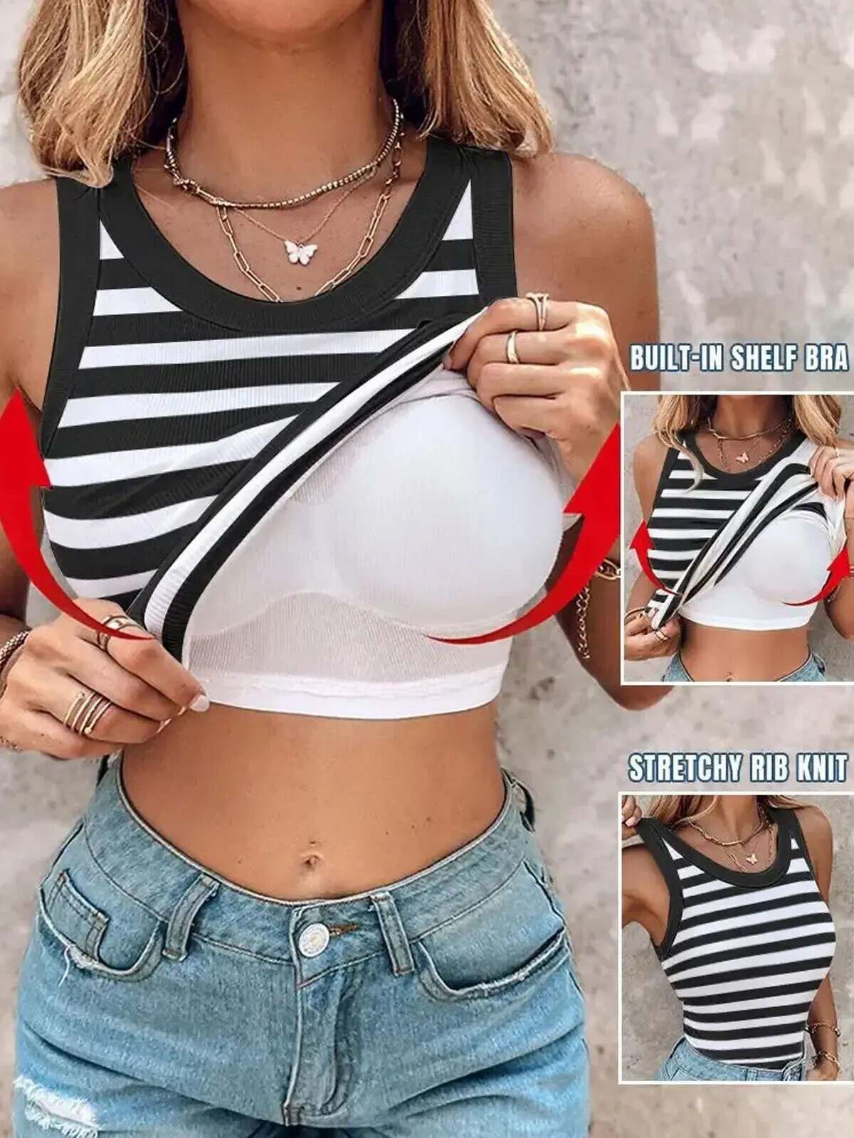Round Neck Built-in Bra Ribbed Tank Top