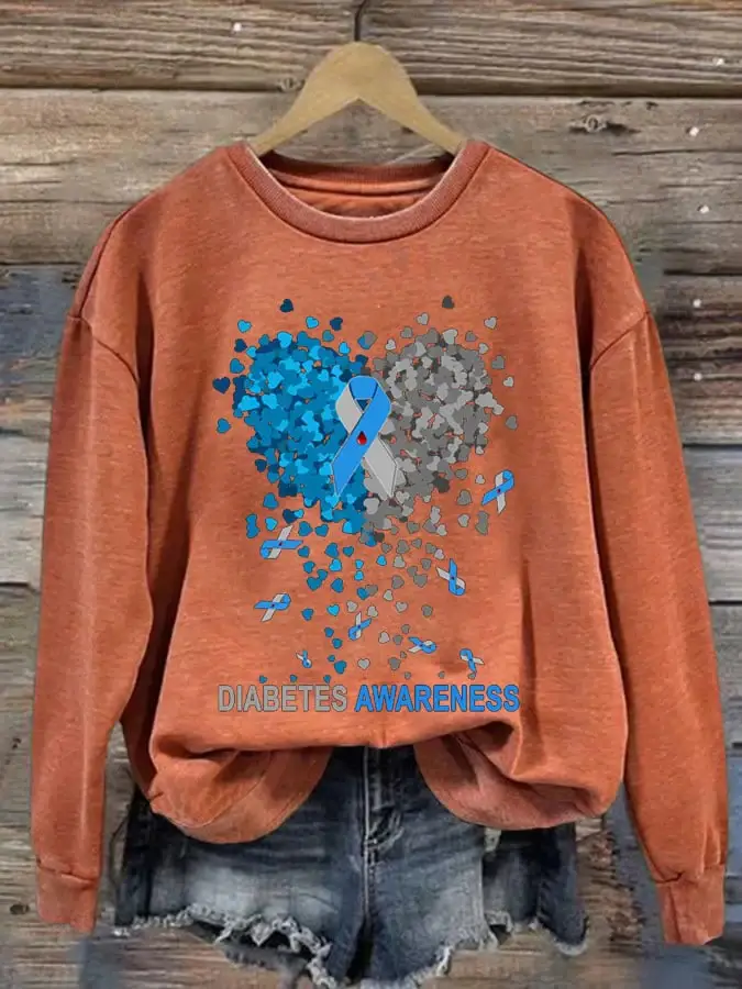 Women's Casual Diabetes Awareness Print Long Sleeve Sweatshirt