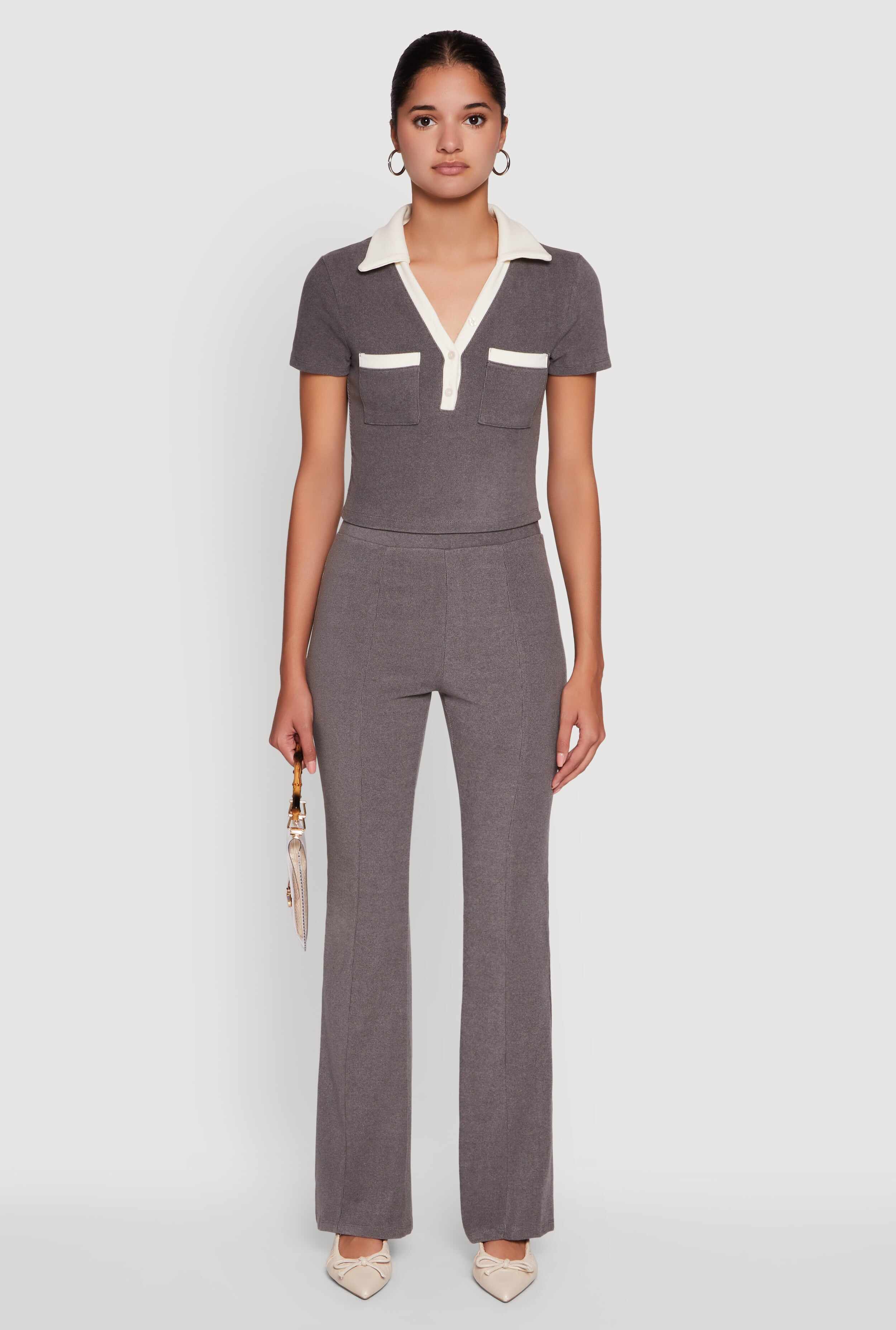 Brushed Knit Pintuck Pull On Flared Dress Pants