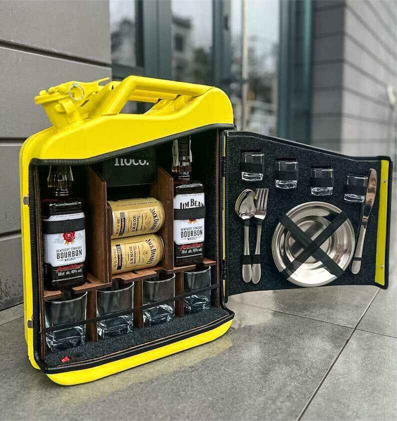 20 L Yellow Jerry Can Mini Bar, Metal Mini Bar With Wood Inside With Picnic Set, Custom Fuel Bar, Canister Bar Jerry Can, Gift For Him