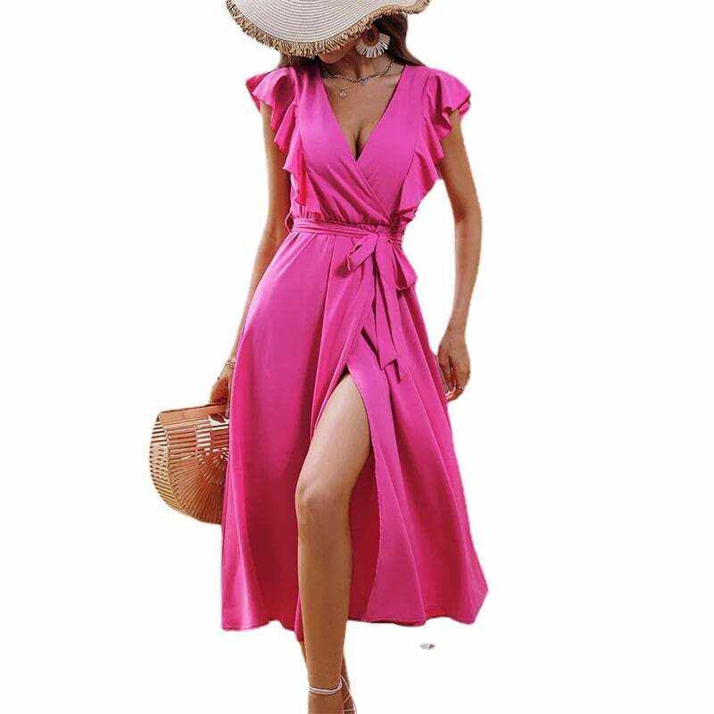 Summer ruffle V-neck lace-up split dress