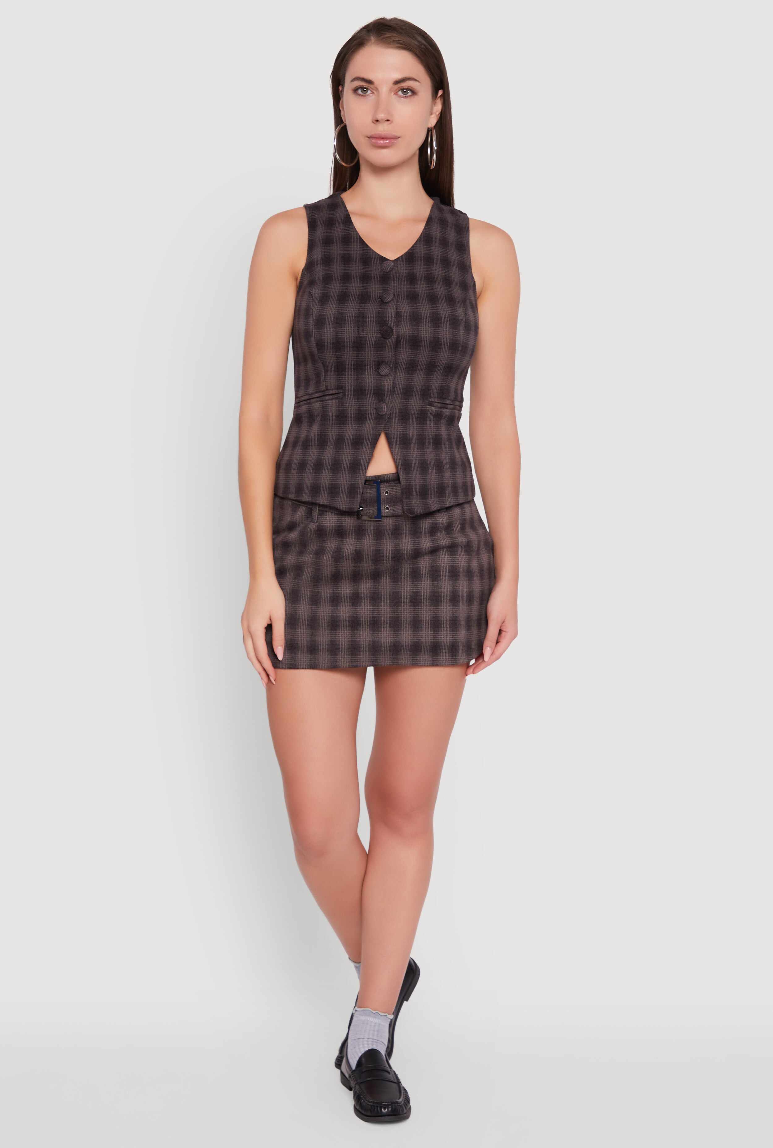 Fleece Lined Plaid Mini Skirt with Belt