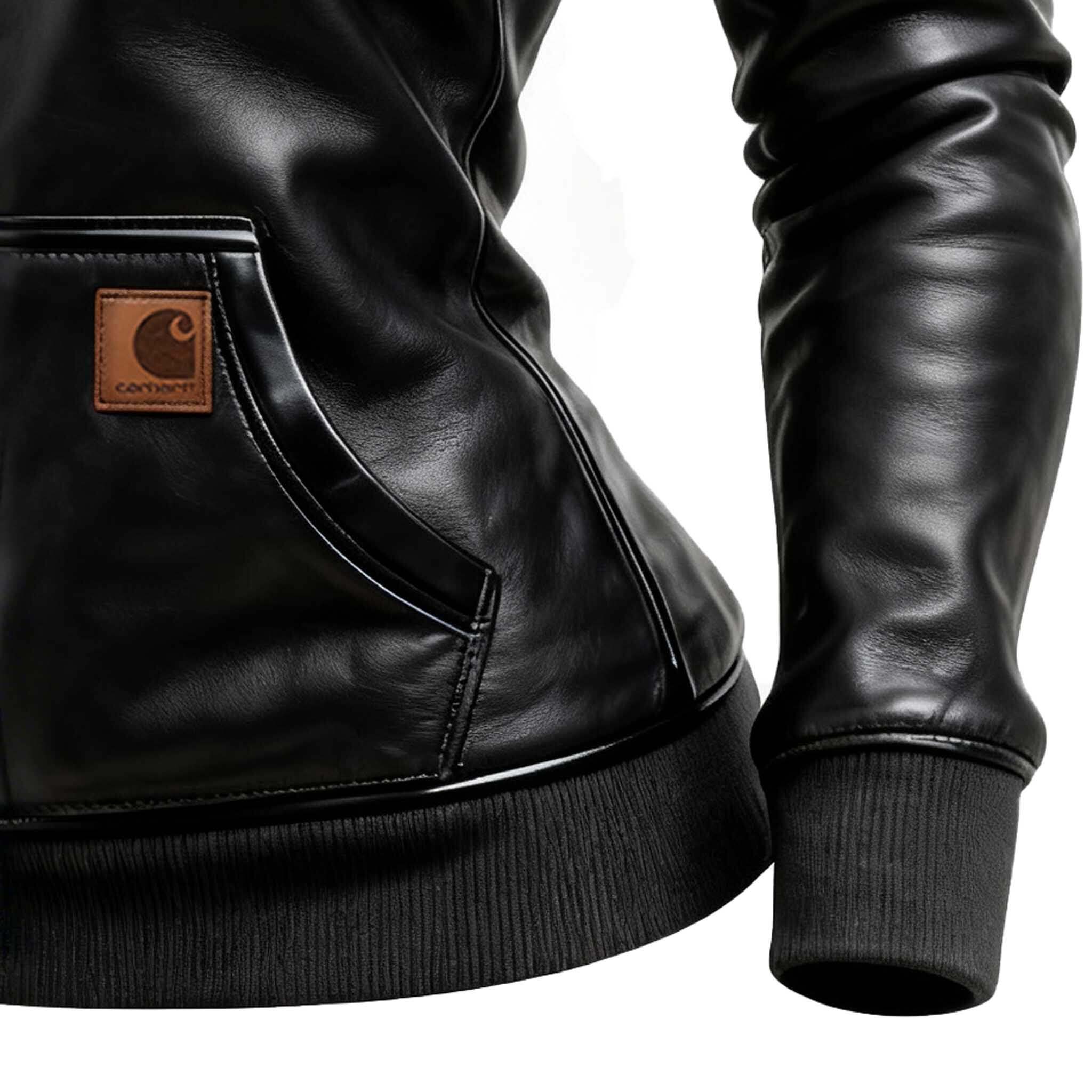 Women's Vintage Black Leather Fleece Pocket Hooded Jacket