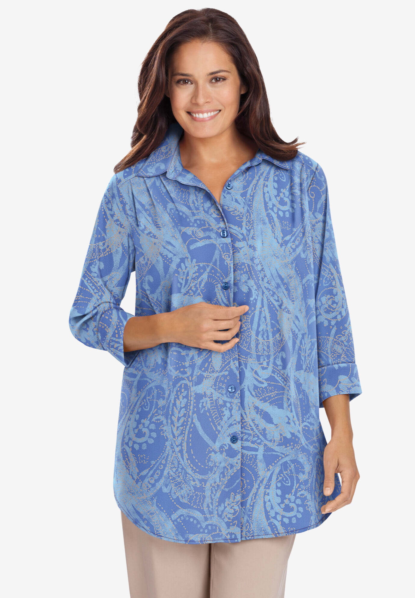 Three-Quarter Sleeve Peachskin Button Front Shirt