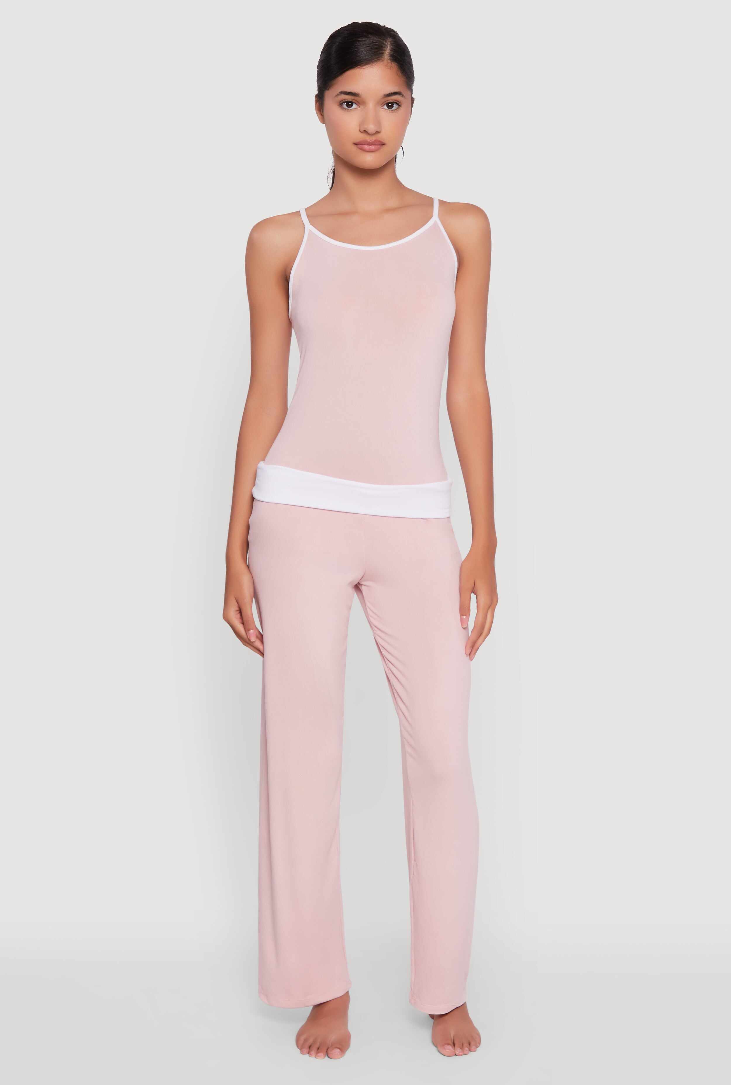 Contrast Trim Pajama Cami and Fold Over Pants Set