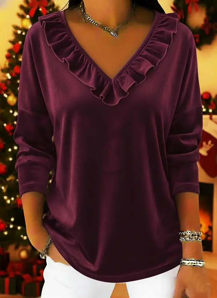 🔥Summer Arrivals🌟Retro Christmas Velvet V-neck Ruffled Pullover Top
