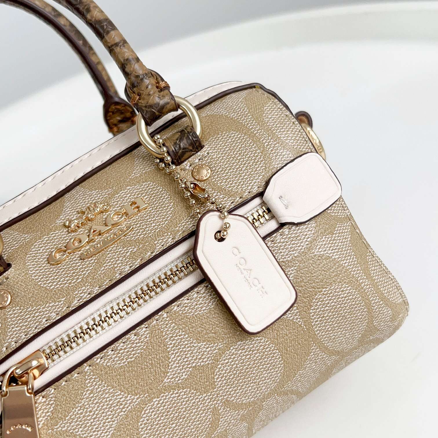 Mini Rowan Boston Bag – Signature Print with Leather Trim | Crossbody Shoulder Handbag with Removable Strap