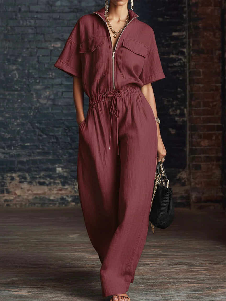 Stand Collar Sleeveless Casual Loose Cotton And Linen Jumpsuit