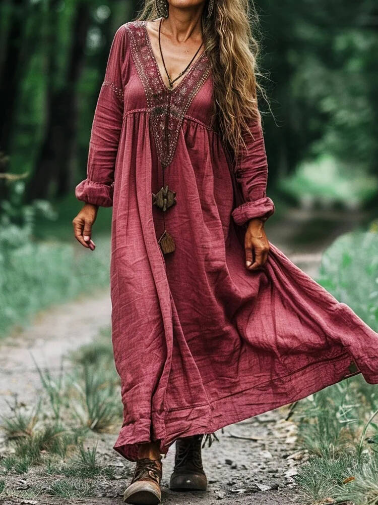 Women's Vintage Bohemian V-neck Linen Blend Ethnic Midi Dress