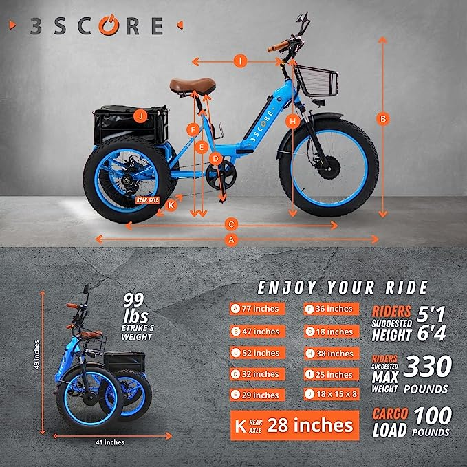 Electric Fat Trike 750W Motor and 48V Lithium Rechargeable Battery – Etrike 24 Inch Fat Tire – Foldable Electric Cruiser Tricycle