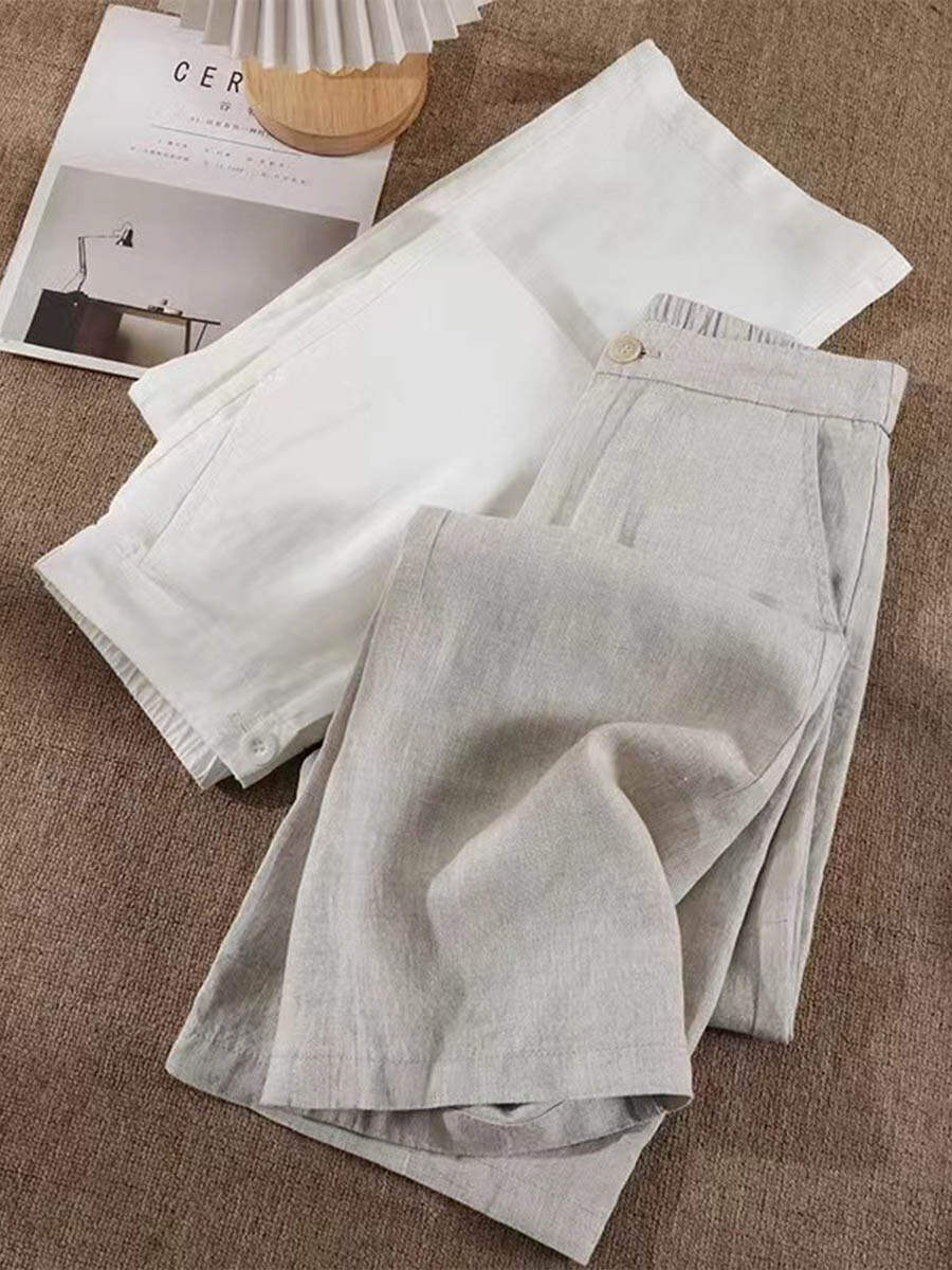 🔥Summer Arrivals🌟Women's Solid Color Half Elastic Waist Casual Cotton and Linen Wide Leg Pants