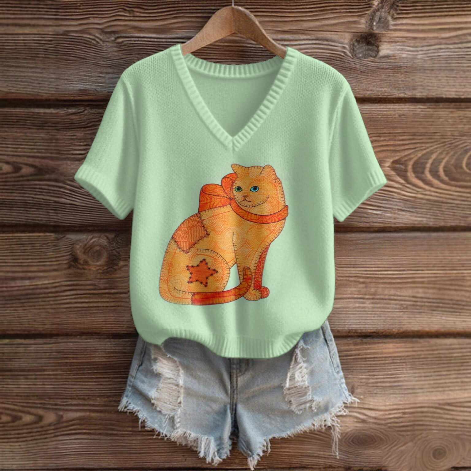 Imitation Sweaters Women's Clothing Short Sleeve V-neck Loose Top