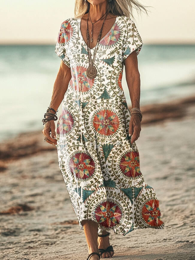 Women's Vintage Ethnic Floral Art Print Pocket Cotton Dress
