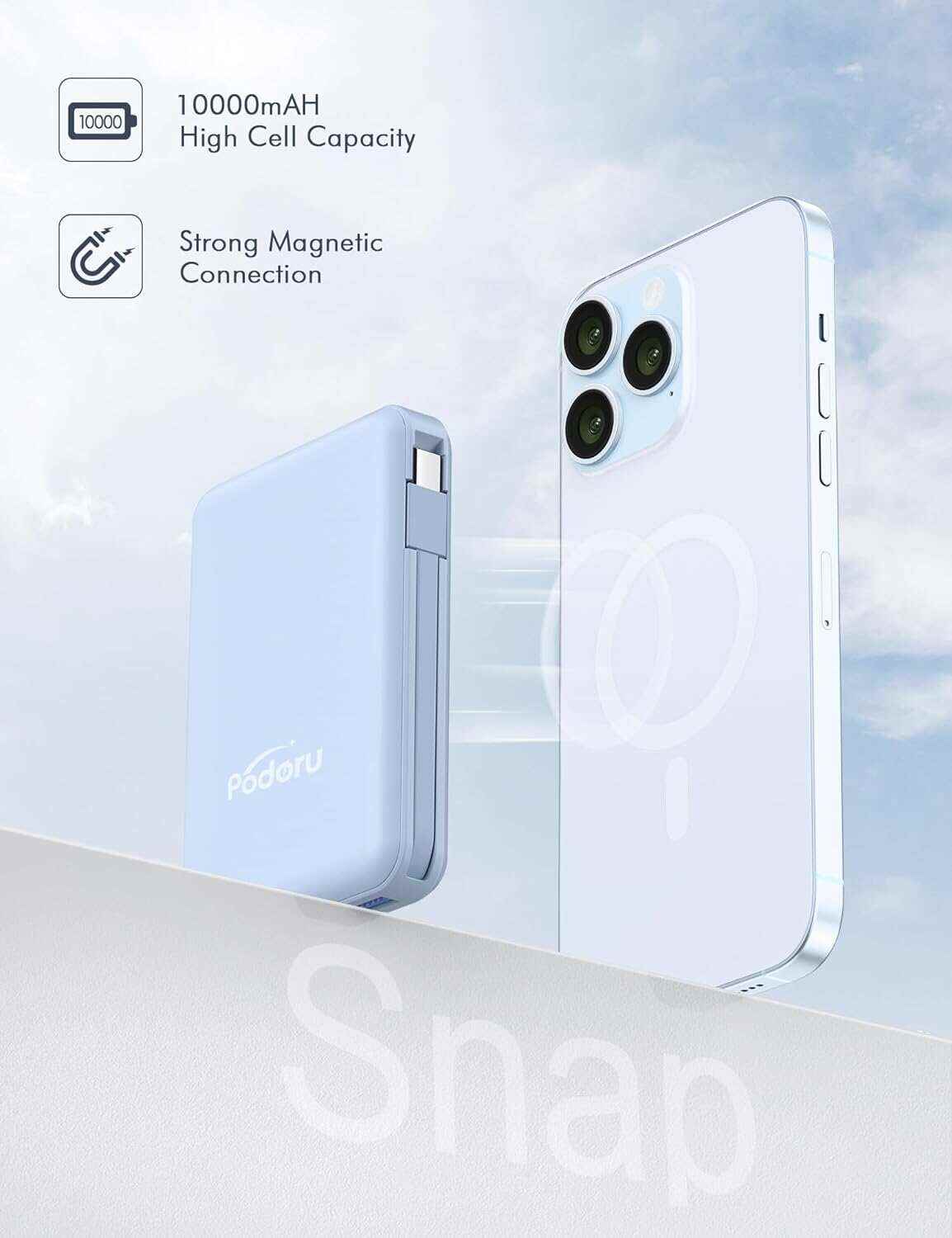podoru Wireless Portable Charger, 10000mAh Magnetic Power Bank Built-in USB-C Lighting Cables 22.5W PD Fast Charging LED Display Mag-Safe Battery Pack for iPhone 15/14/13/12/Mini/Pro/Pro Max - White