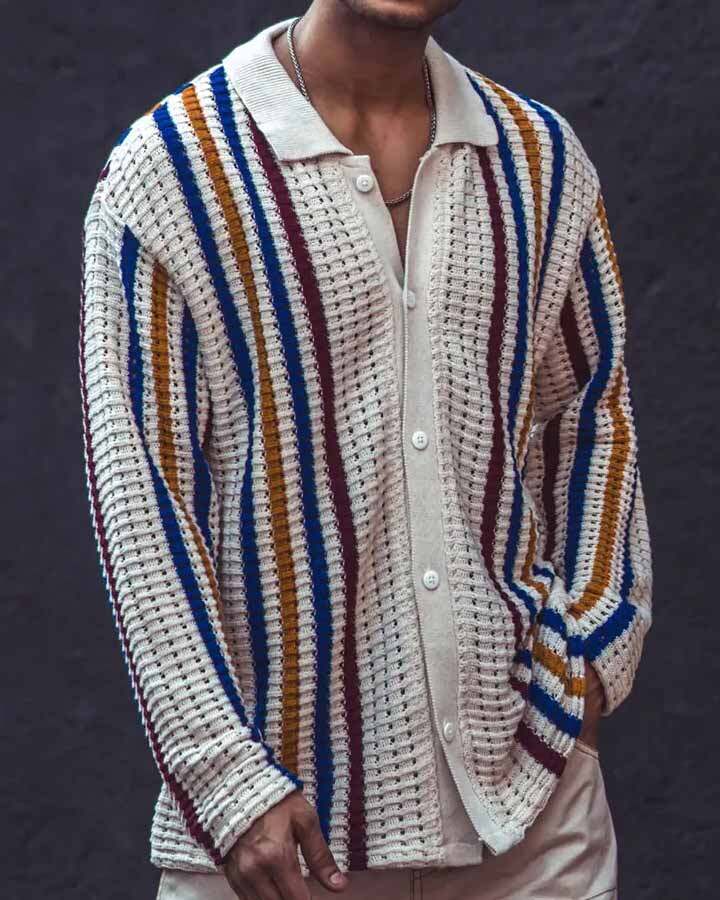 Men's Casual Striped Printed Long Sleeve Knitted Sweater Jacket