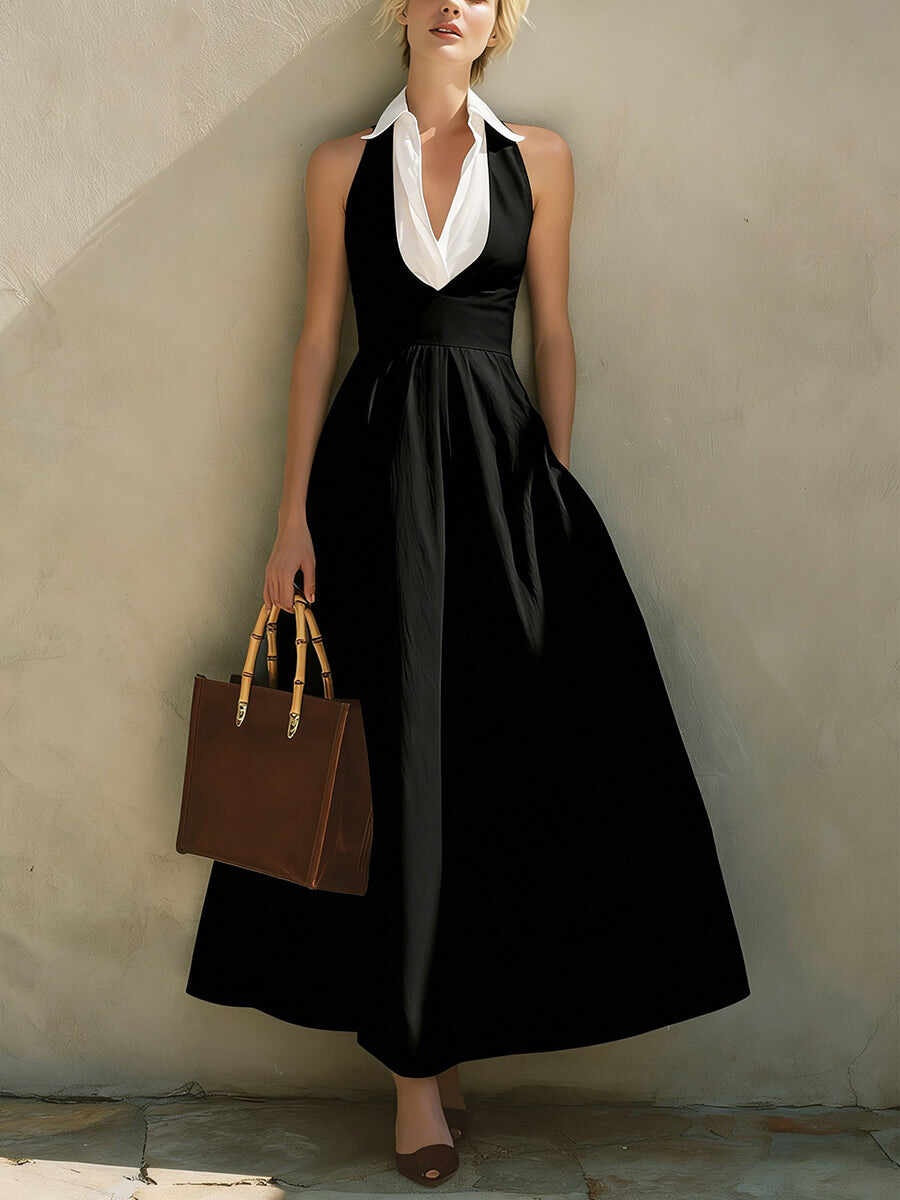 🔥Summer Arrivals🌟Fashionable Patchwork White Collar Sleeveless Cotton Dress