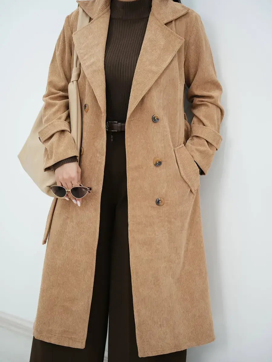 Women's Solid Color Lapel Long Sleeve Corduroy Trench Coat