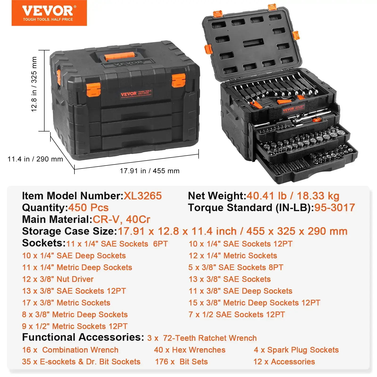 Heavy-Duty Tool Kits, 450-Pcs Automotive Tools Set with 1/4