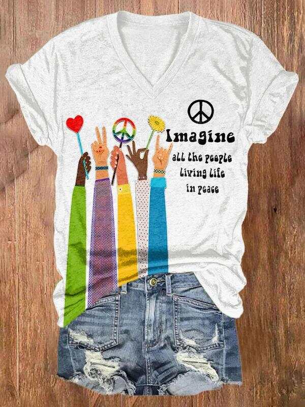 Imagine All The People Living Life In Peace Art Casual T-shirt