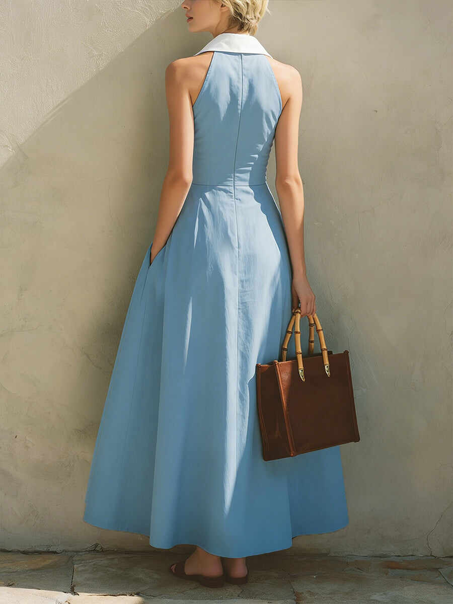 🔥Summer Arrivals🌟Fashionable Patchwork White Collar Sleeveless Cotton Dress