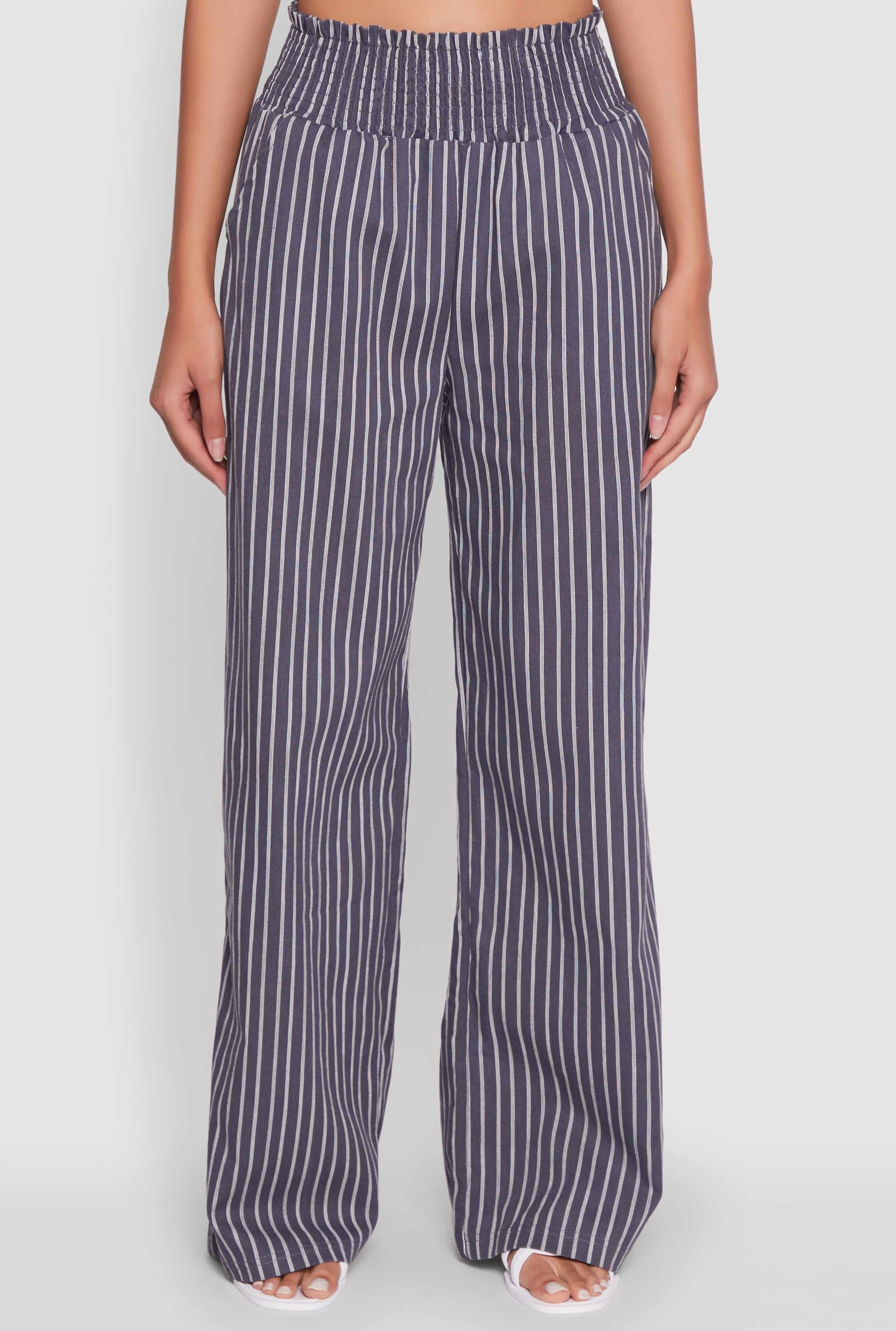 Trendy Linen Striped Smocked Waist Wide Leg Pants