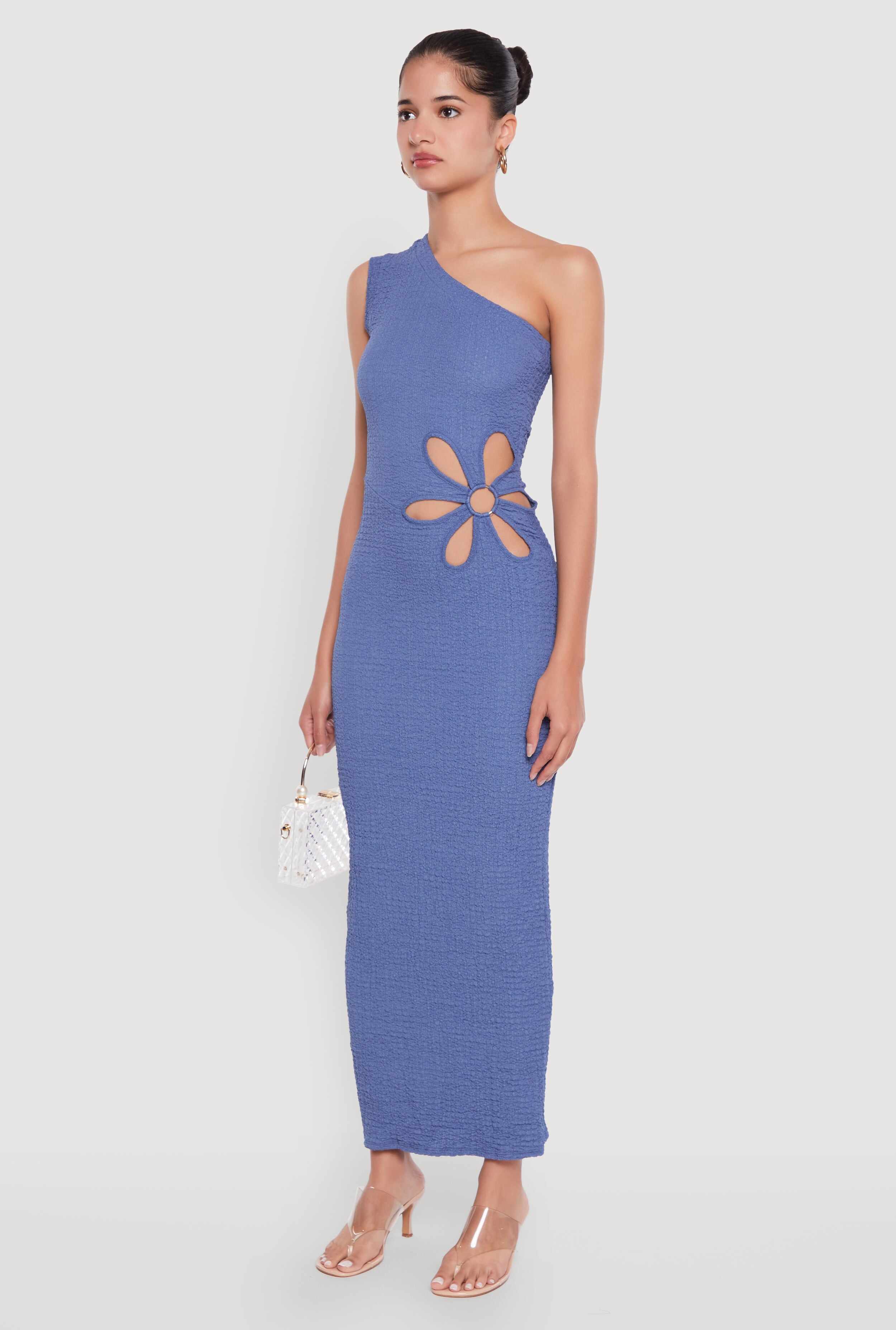 Trendy One Shoulder Flower Cut Out Maxi Dress
