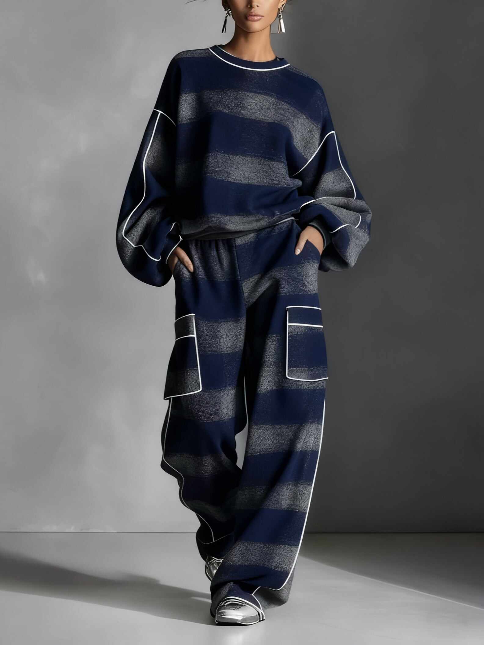 Red and Gray Plaid Color-blocked Sweatshirt and Casual Pants Two-piece set