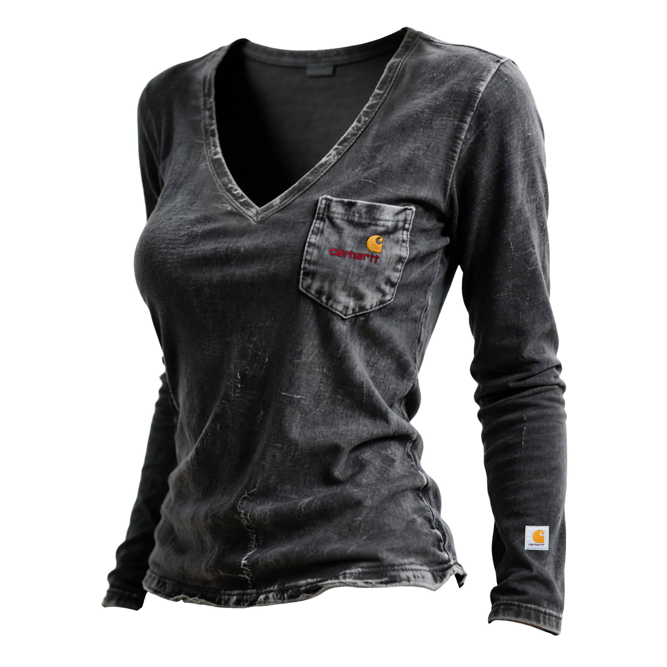 Women's Vintage Washed Distressed Collar V-Neck Long-Sleeve T-Shirt