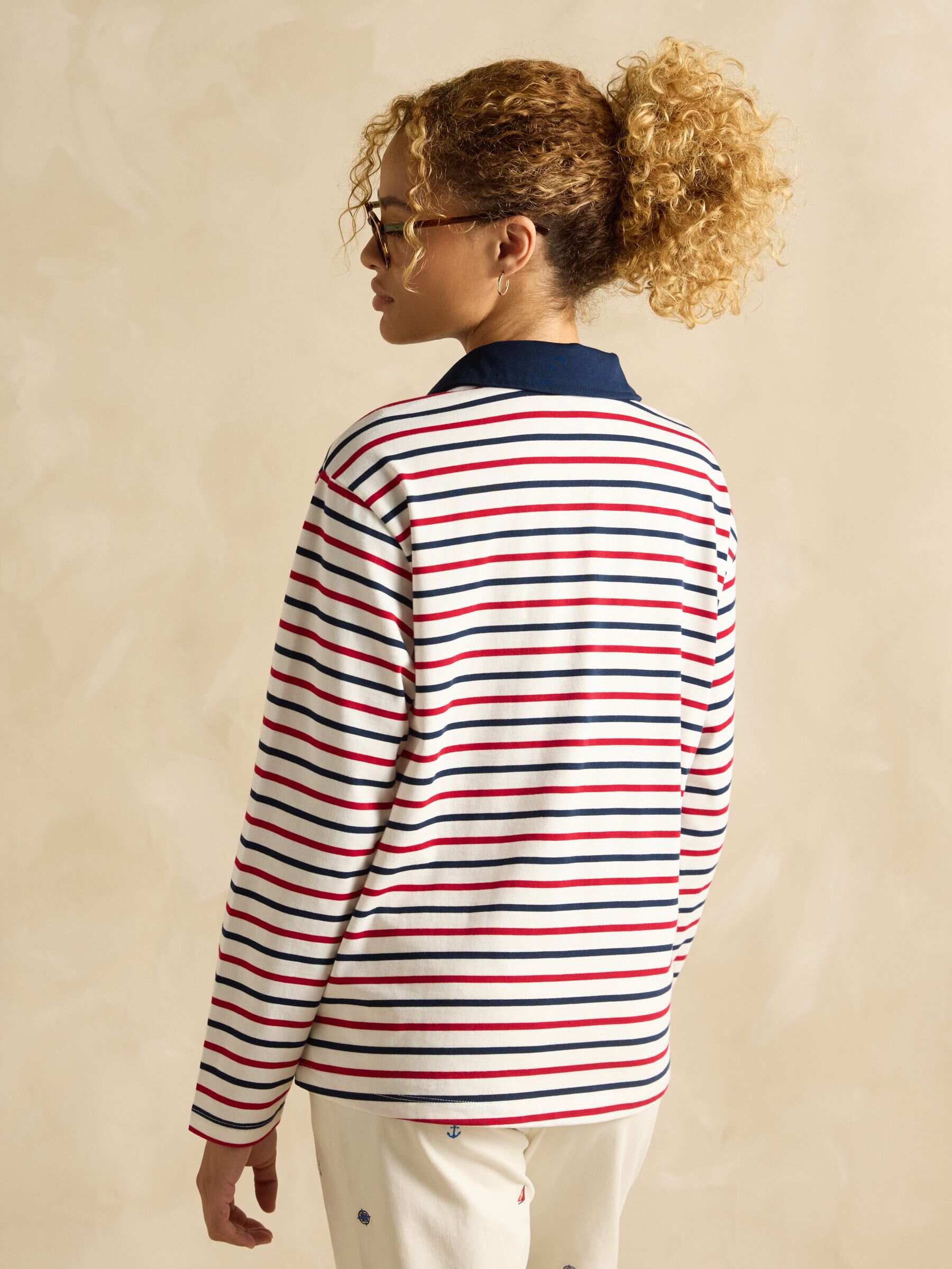 Tallie Navy & Red Stripe Long Sleeve Combed Cotton Collared Top