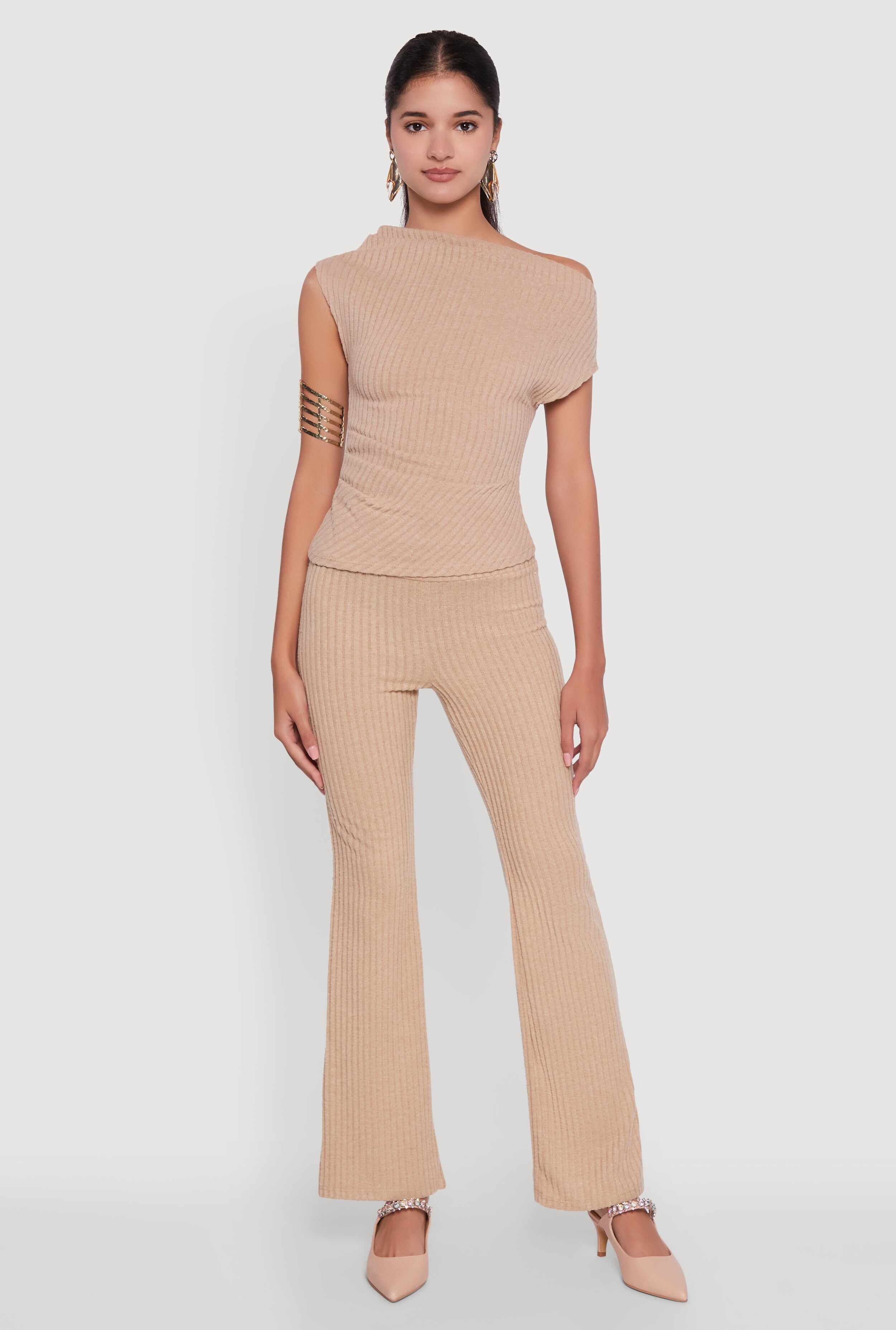 Ribbed Knit Solid Straight Leg Casual Pants