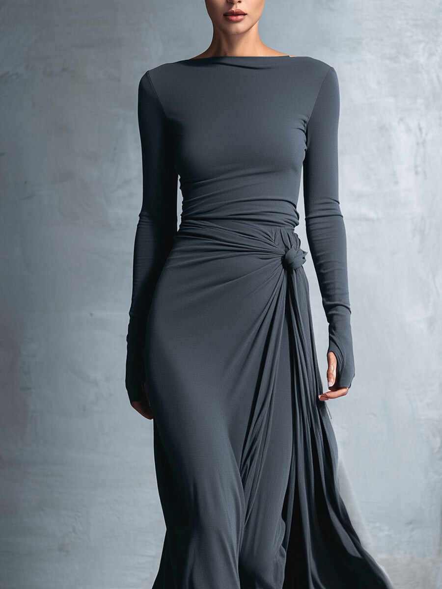Women's Gray Exquisite Stretch Polyester-Cotton Blend Wrap Dress - Knotted Maxi Dress