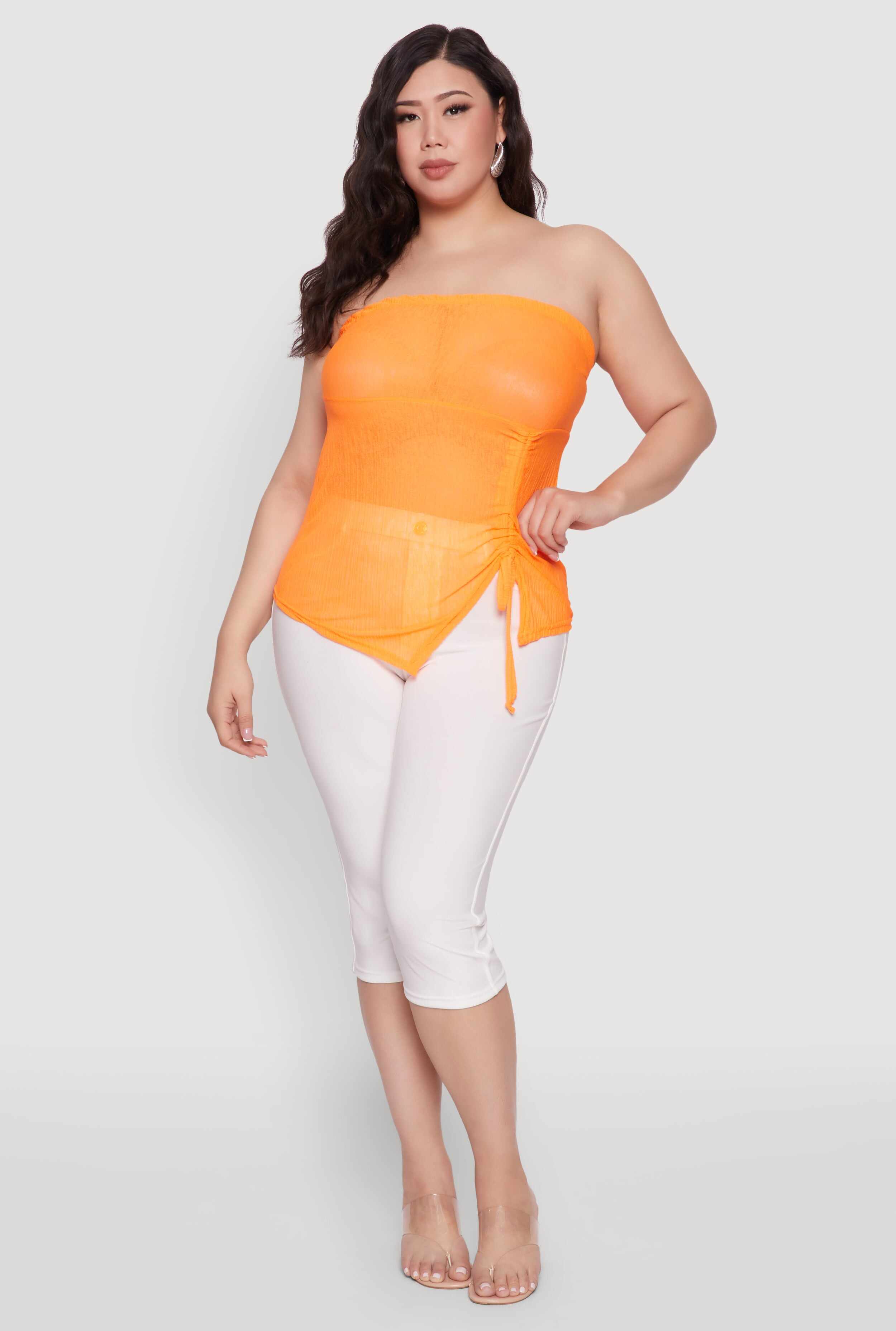 Plus Size Sheer Ruched Drawstring Tube Top