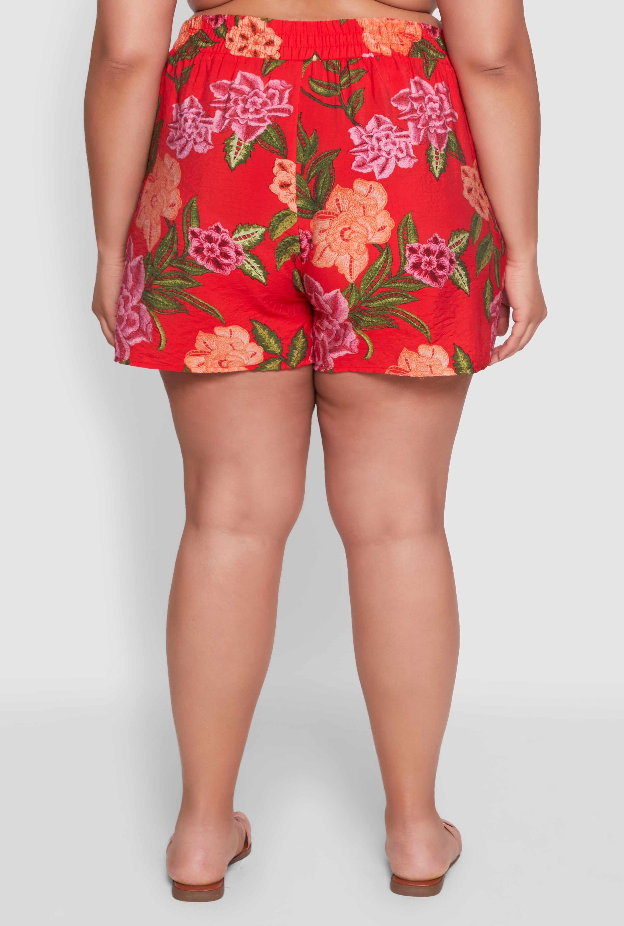 Plus Size Floral High Waisted Pull On Shorts