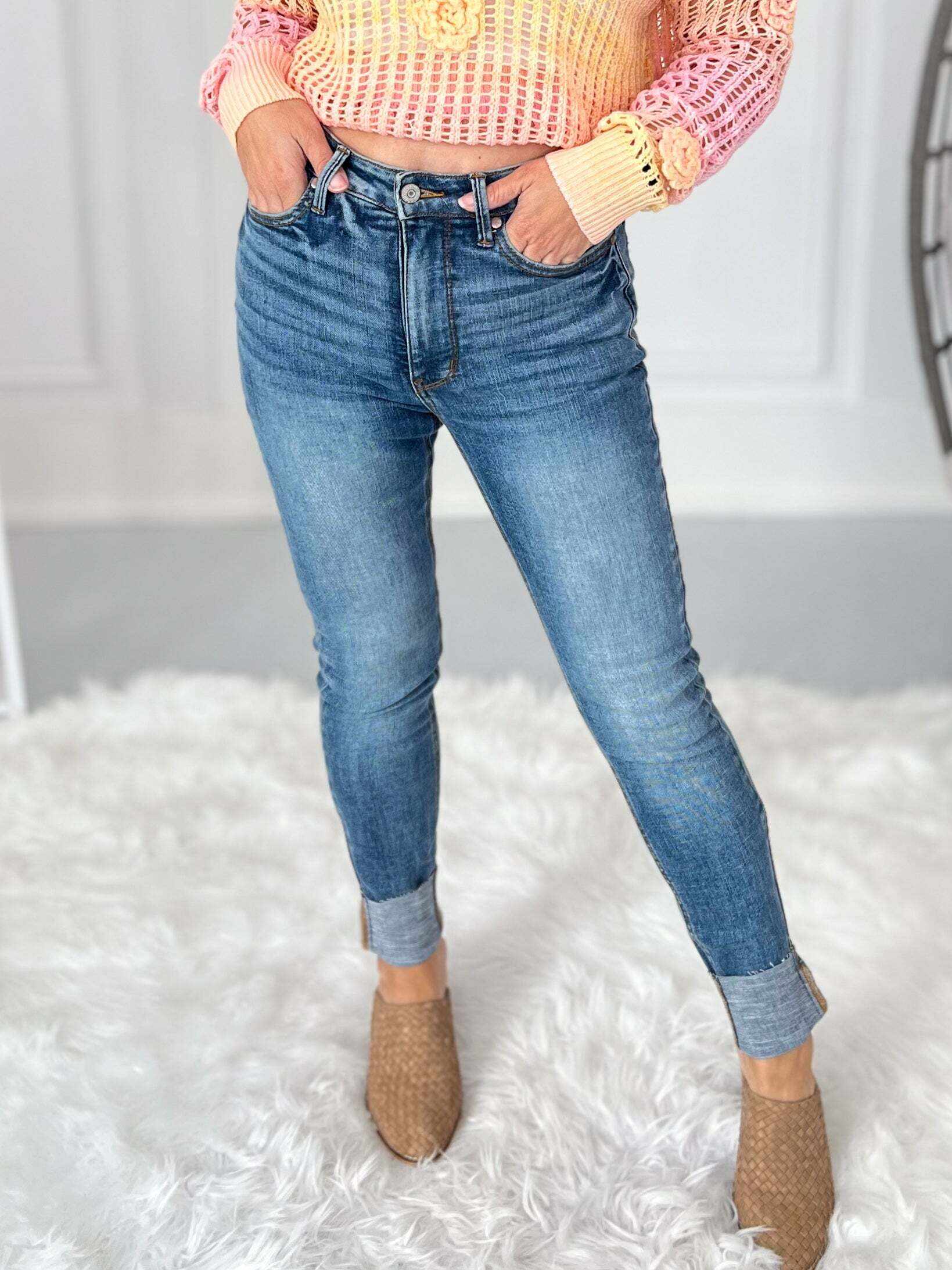 Georgia Peach - Christmas Tummy Control Shield Pocket Skinny Jeans- Final Sale