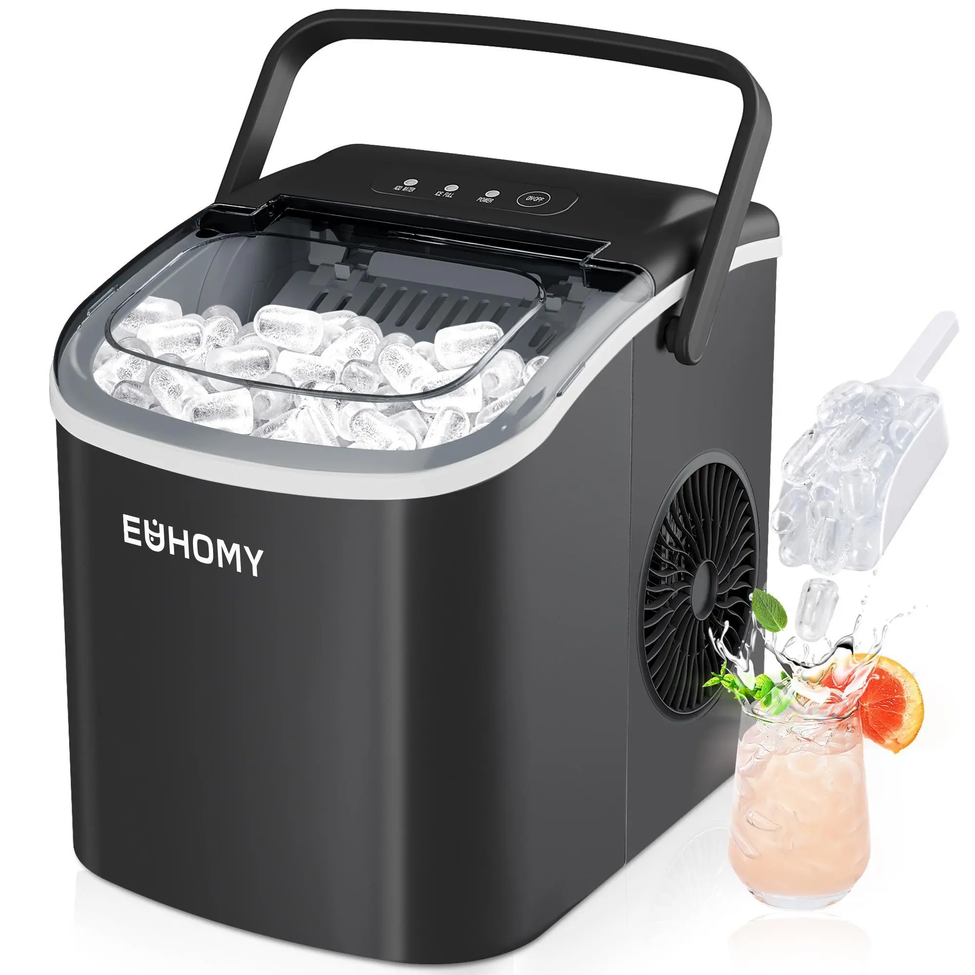 EUHOMY Ice Maker Countertop with Handle, 26lbs in 24Hrs, 9 Ice Cubes Ready in 6 Mins, Auto-Cleaning Portable Ice Maker with Basket and Scoop, for Home/Kitchen/Camping/RV. (2026 New Silver) Utensils