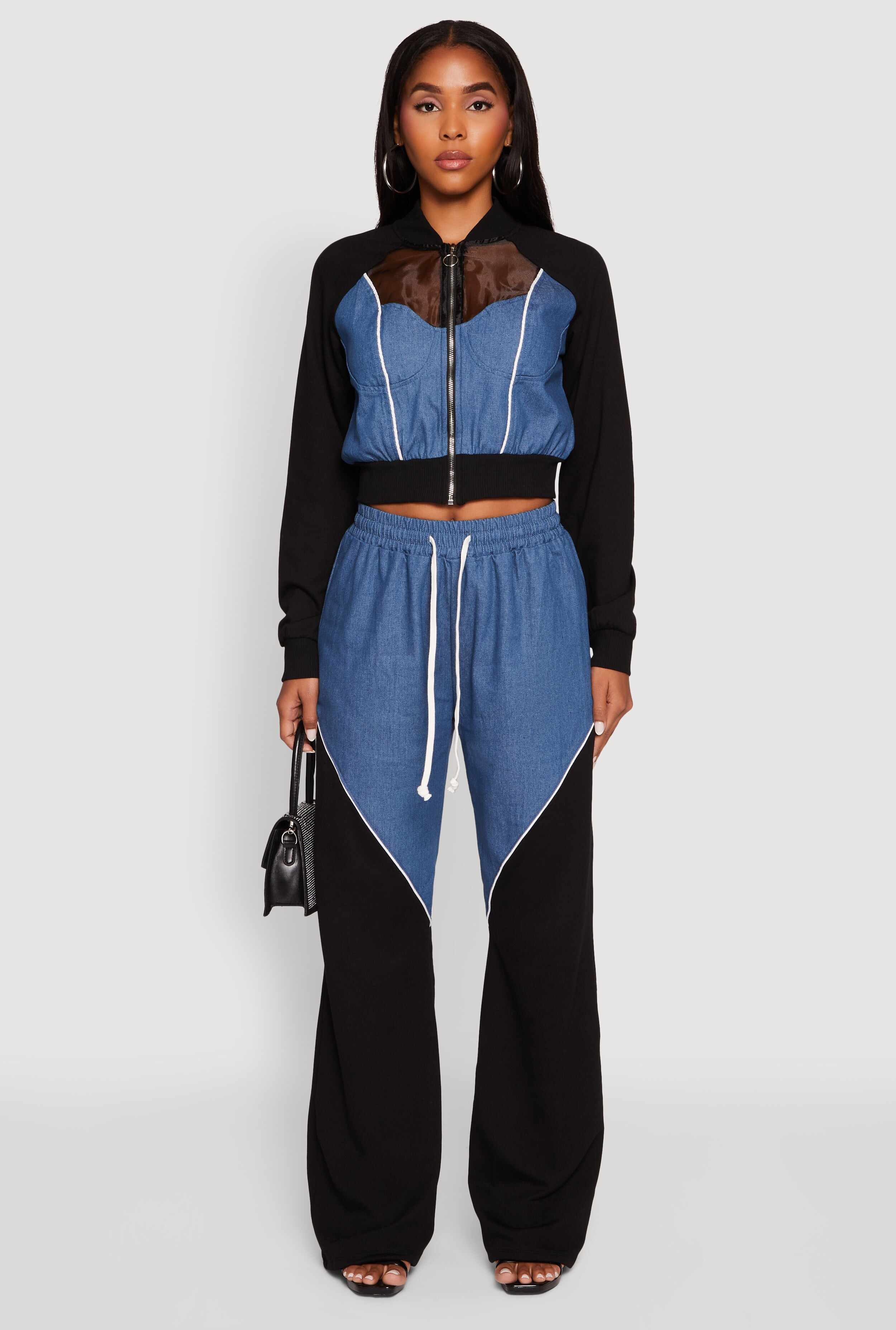 Denim Color Block Drawstring Waist Wide Leg Pants