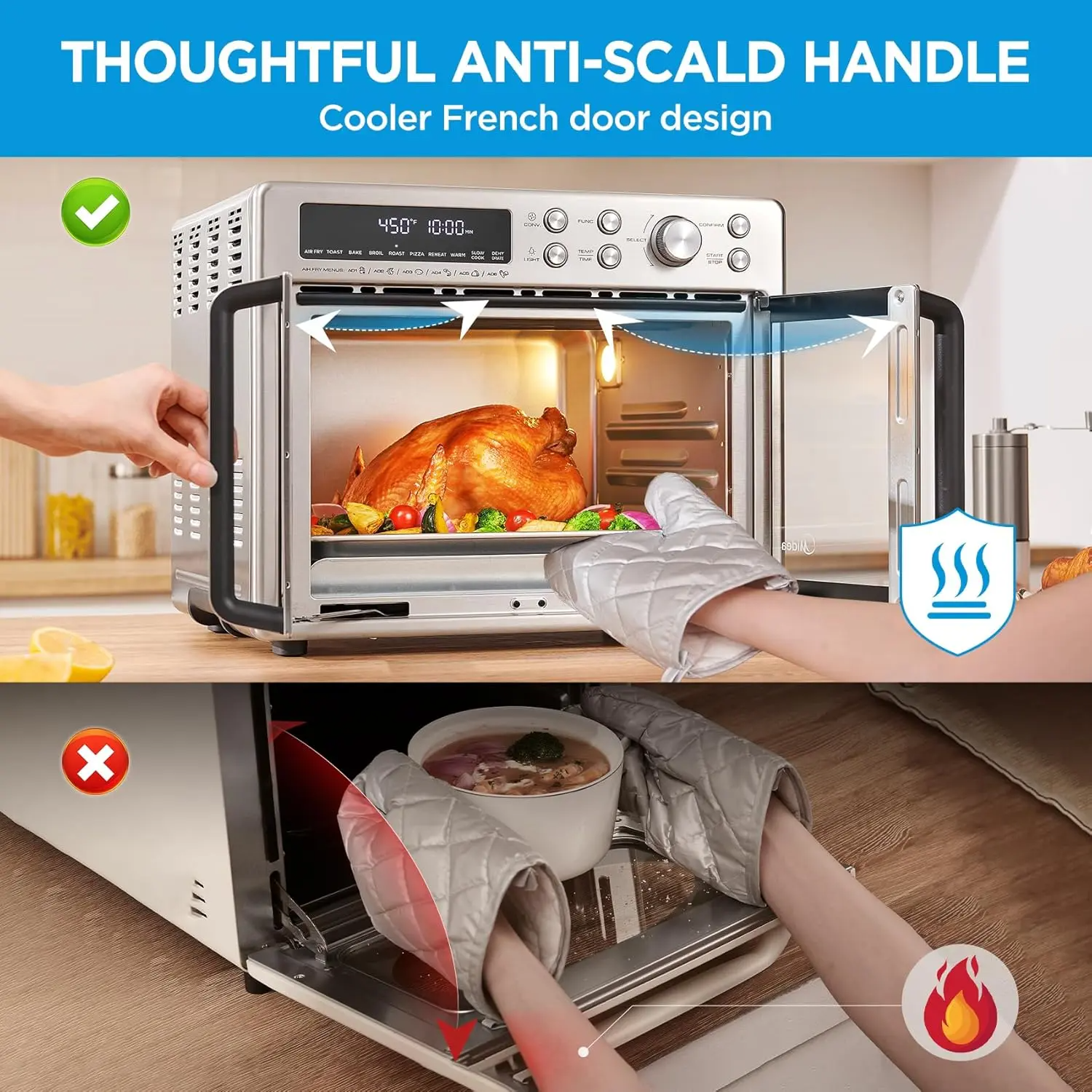 [2026 Kitchen Hack] French Door Air Fryer Toaster Oven Combo 26.4 QT, Extra Large Countertop Air Fryer Oven 10-in-1 Combo 25% Faster Cooking & 90% Less Oil, Elegant Design Convection Fan, Gift of the Season