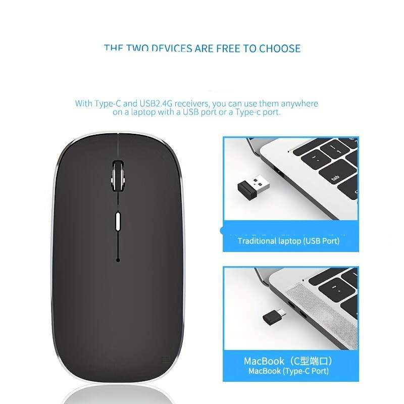 [Silent Wireless Mouse] 1pc Silent Type-C Rechargeable Wireless Mouse - 2.4G Dual Receiver, Durable Plastic Build, Long-Lasting Lithium Polymer Battery - Compatible with Multiple Devices