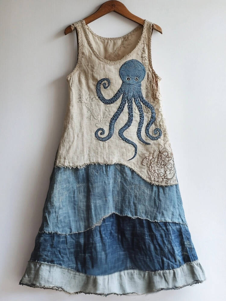 Octopus Pattern Patchwork Art Linen Blend Dress