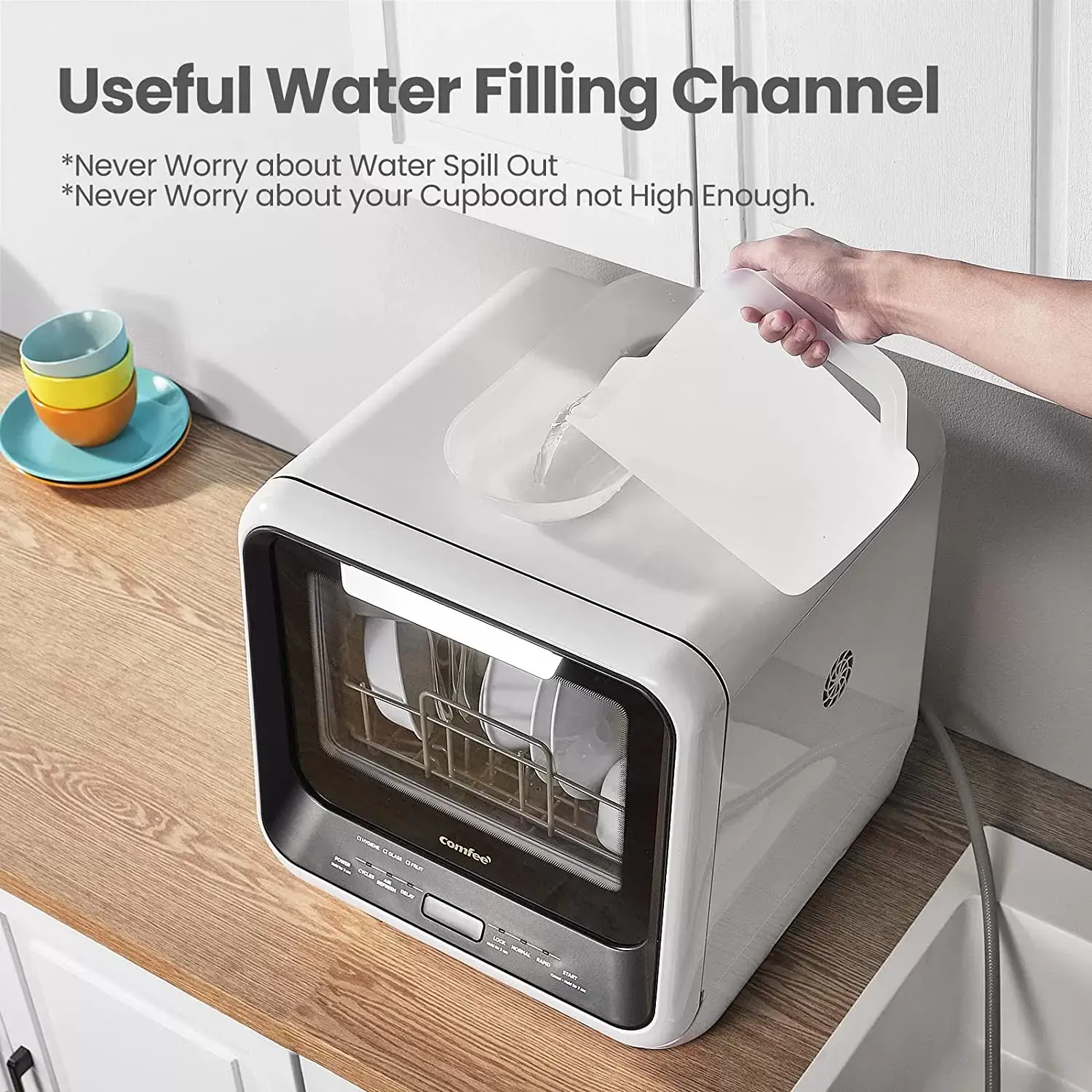 COMFEE' Portable Dishwasher Countertop, Mini Dishwasher with 5L Built-in Water Tank, No Hookup Needed, 6 Programs, 360° Dual Spray, 192°F High-Temp& Air-Dry Function, Dishwasher for Apartments& RVs