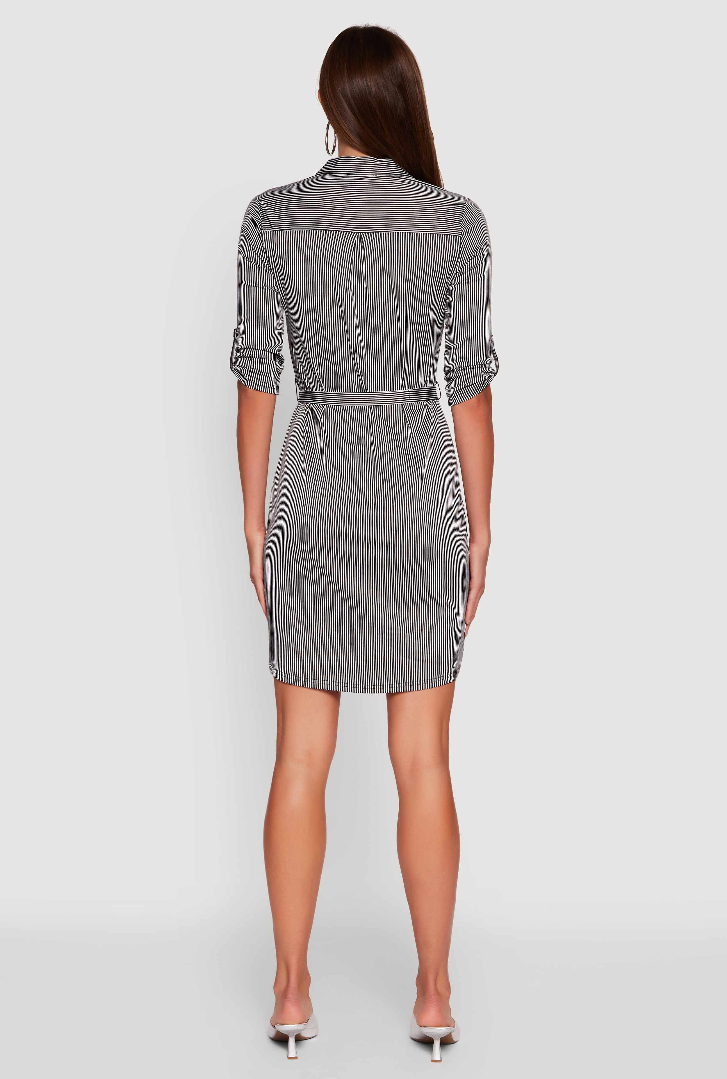 Striped Zip Front Midi Dress with Tie Waist Belt