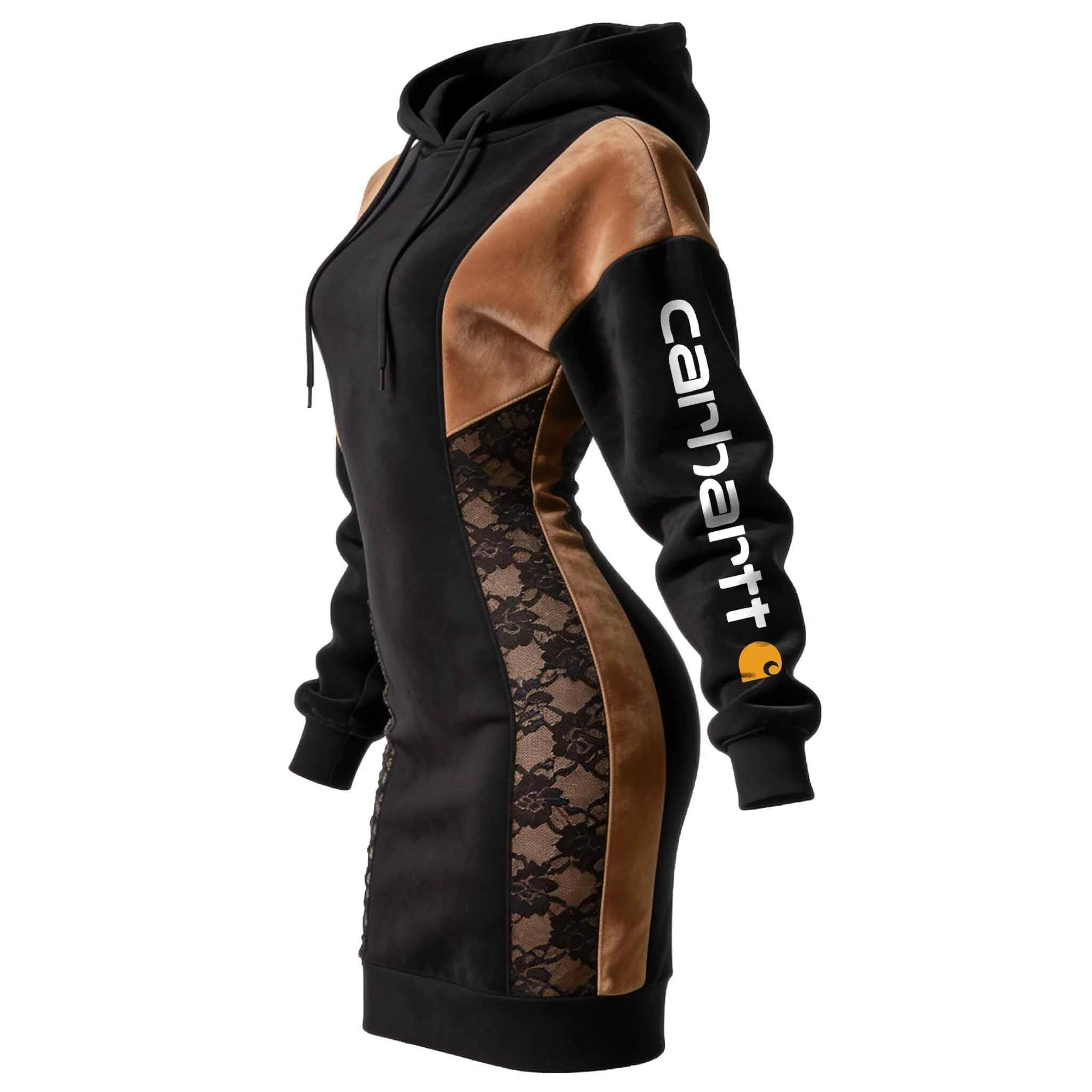 Women's Vintage Black And Brown Suede Patchwork Lace Hoodie Dress