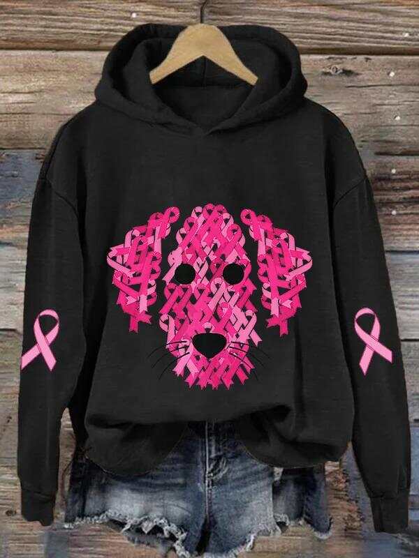 Women's Pink Ribbon Dog Breast Cancer Awareness Print Casual Sweatshirt