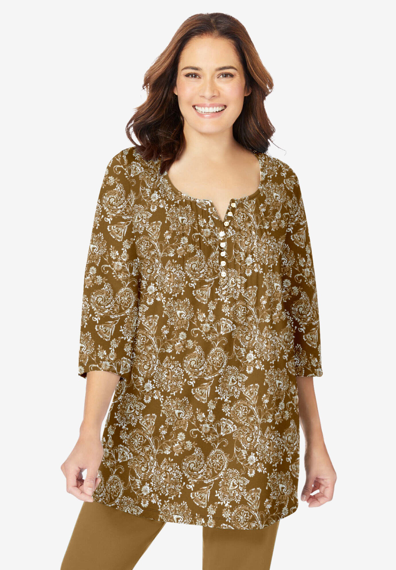 7-Day Three-Quarter Sleeve Pintucked Henley Tunic