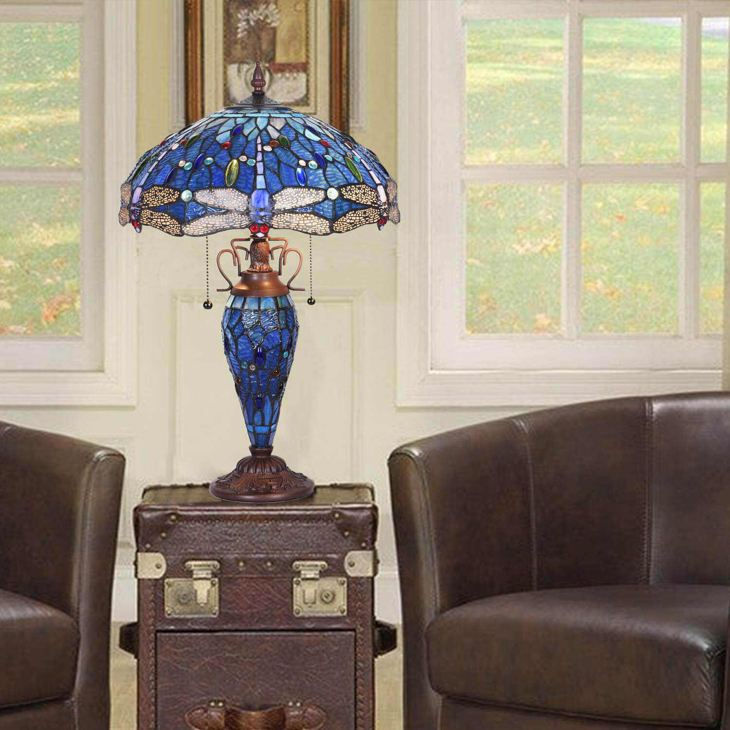 Dragonfly Style Tiffany Large Table Lamp 3-Light With Nightlight Rustic Antique Desk Light