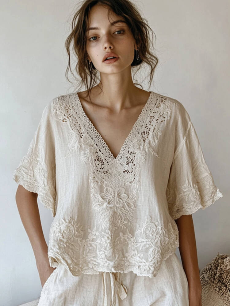 Vintage Floral Lace Embroidered Comfy V Neck Shirt