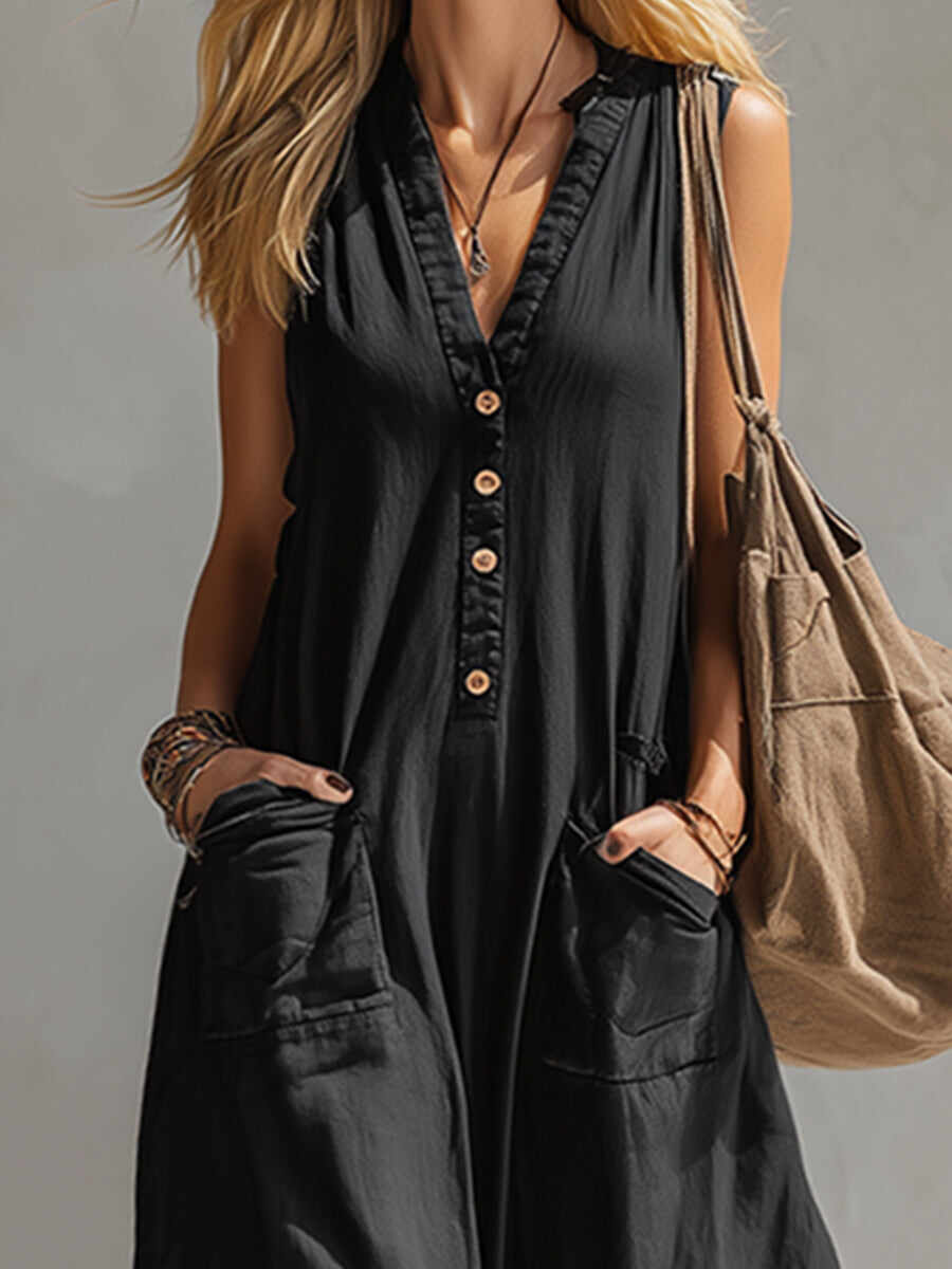 🔥Summer Arrivals🌟Elegant Urban-style Black Cotton And Linen Sleeveless Jumpsuit